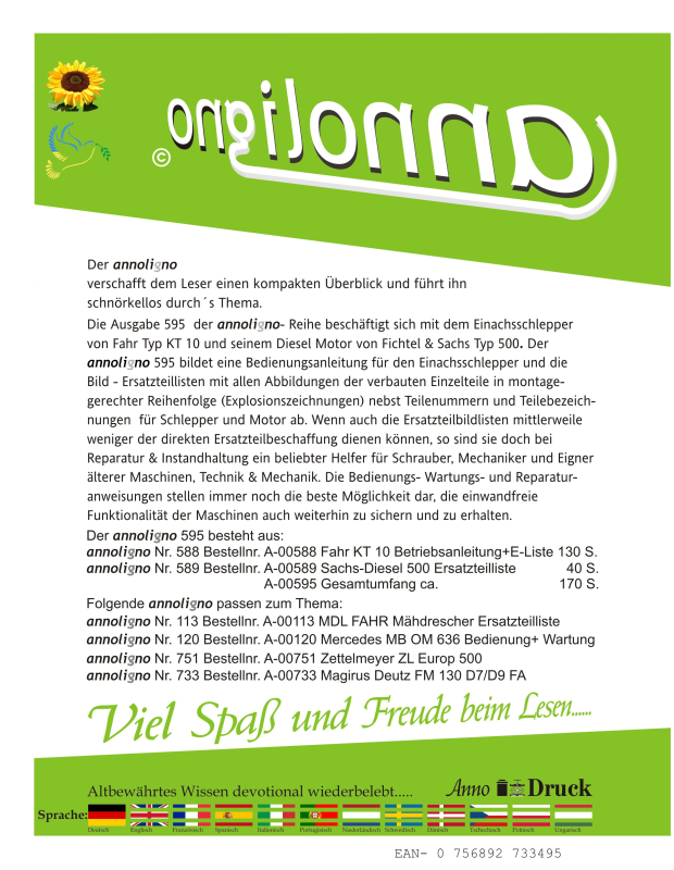 FAHR Einachs- Schlepper Typ KT 10 & SACHS Motor Typ 500 Bedienungsanleitung & Bild- Ersatzteilliste & Explosionszeichnungen - annoligno 595